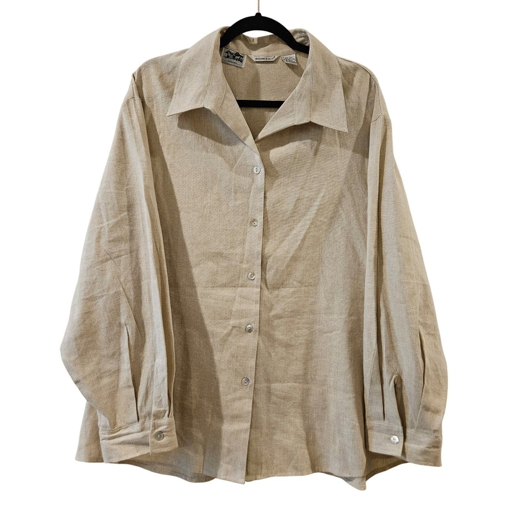 VTG Malcolm & Co Womens Irish Linen Button Down Shirt Oatmeal Beige Size 2X